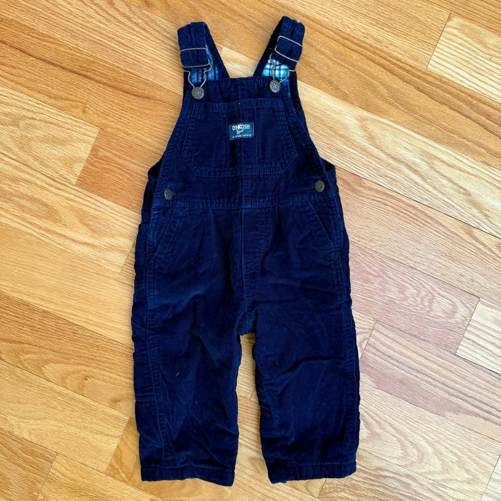 Oshkosh B’gosh 9-12 Month Plaid Flannel Lined Corduroy Overalls - Navy Blue